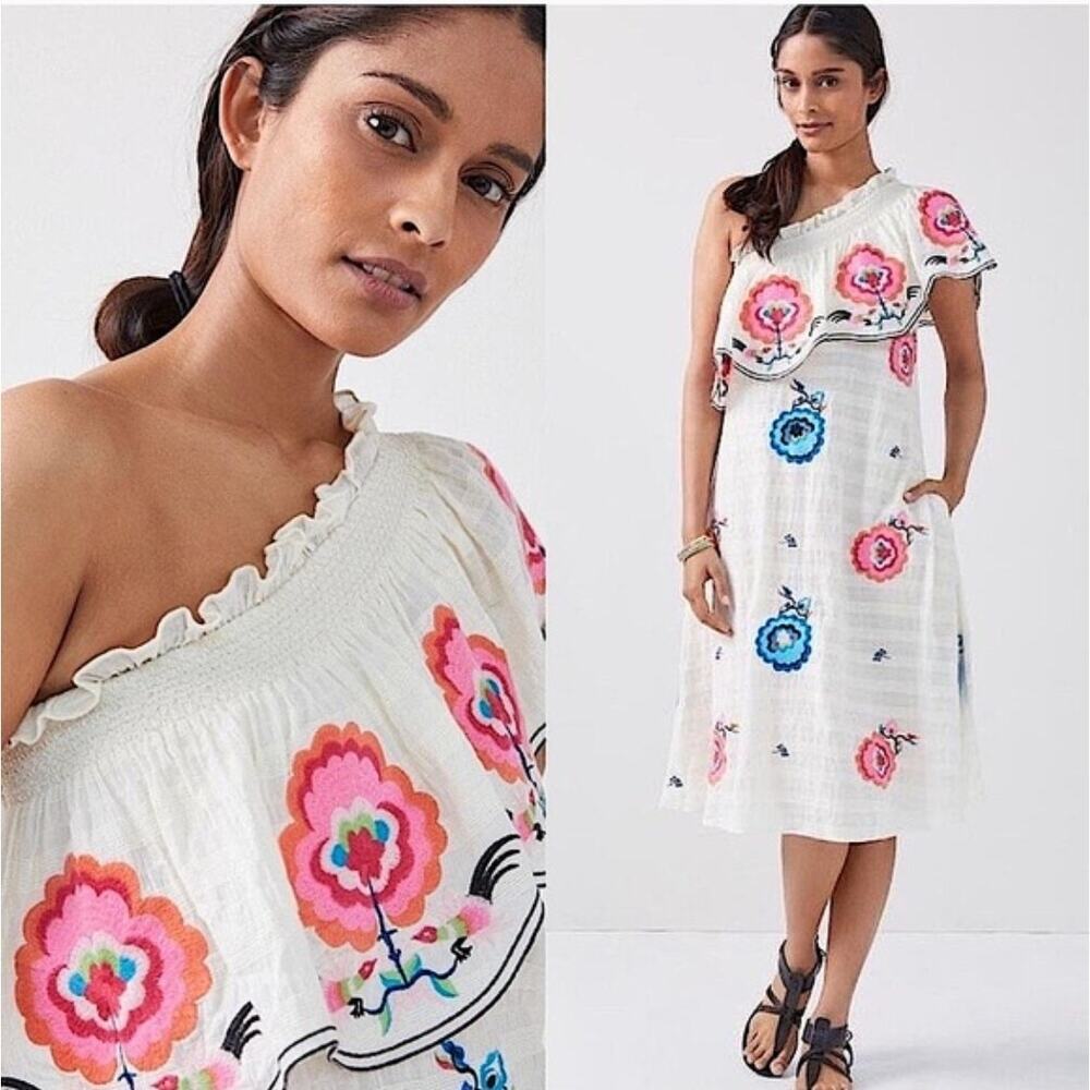 Plenty by Tracy Reese Medium Dress Embroidered One Shoulder Midi Vacation Summer